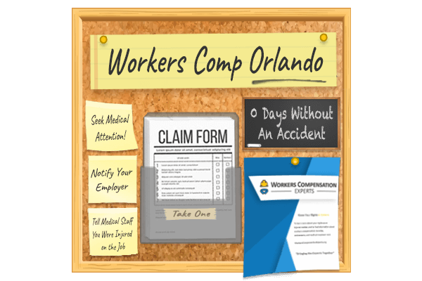 Workers comp bulletin board hanging in an Orlando workplace