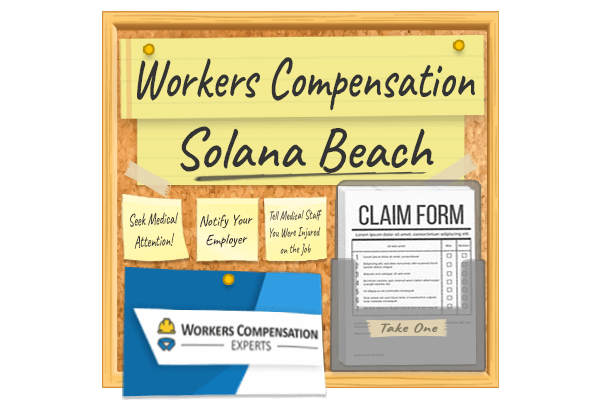 Workers comp bulletin board hanging in a Solana Beach workplace