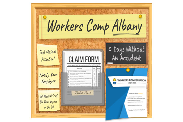 Workers comp bulletin board hanging in a Albany workplace